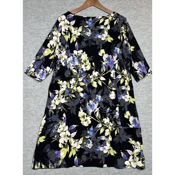 J Jill Wearever Black Purple Ivory Floral 3/4 Sleeve Women’s Dress L‎ Petite - Picture 4 of 5